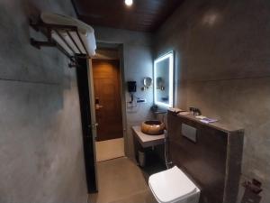 a bathroom with a toilet and a sink and a mirror at SScoconest Luxury Service Apartments in Chikmagalūr +76 photos