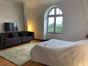 un soggiorno con un letto e un divano di Maison MOKASSI a Laloubère
