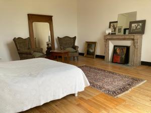 a bedroom with a white bed and a fireplace at Maison MOKASSI in Laloubère