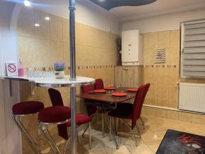 - une cuisine avec une table et des chaises dans la chambre dans l'établissement Apartament B Orizont, à Bacău