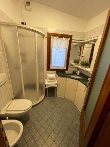 a bathroom with a shower and a toilet and a sink at Mida & Lino' s House casa rustica in Solagna +41 photos