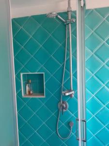 uma casa de banho com um chuveiro e uma parede de azulejos azuis em Villino Marina Di San Nicola em Marina di San Nicola