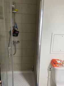 uma casa de banho com um chuveiro e um WC. em Chez Ivy-Guizela em Saint-Maur-des-Fossés