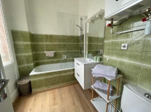 a green bathroom with a tub and a sink at VILLA BONVOULOIR in Bagnères-de-Bigorre