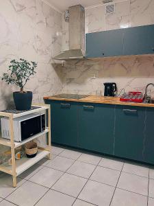 eine Küche mit grünen Schränken und einer Mikrowelle in der Unterkunft House Paris 13ème in Ivry-sur-Seine