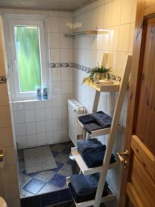 von Fehrn في Nortorf: حمام صغير مع مناشف زرقاء على الأرفف