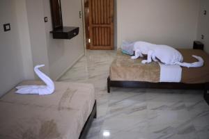 Pokój z dwoma łóżkami z posągami kotów na nich w obiekcie Kana Kato w mieście Aswan