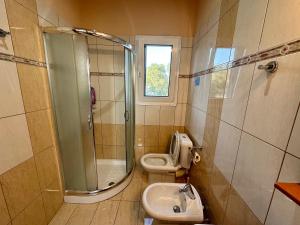 bagno con doccia, lavandino e servizi igienici di Sofias Room a Marantochori
