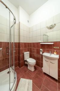 a bathroom with a toilet and a sink and a shower at Motel "Płomyk" in Kunowice