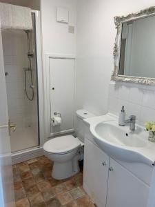 a white bathroom with a toilet and a sink at Rose Cottage Glastonbury in Glastonbury