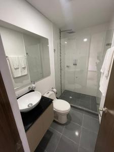 y baño con aseo, lavabo y ducha. en Luxury apartment, en Armenia