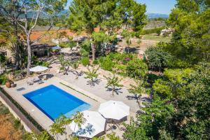 an overhead view of a swimming pool with umbrellas and chairs at Ideal Property Mallorca - Can Davero in Binissalem