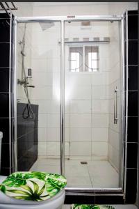 a shower with a glass door in a bathroom at Duke Diamonds Apartments in Abuja