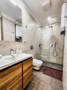 y baño con aseo, lavabo y ducha. en CharmAntique Apartments, en Tirana