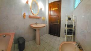 ein Badezimmer mit einem Waschbecken, einem WC und einem Spiegel in der Unterkunft T2 des Tortues in Bouillante