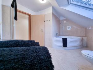 a bathroom with a sink and a toilet and a tub at Alpha Apartments in Krefeld +23 photos