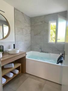 uma casa de banho com uma banheira, um lavatório e um espelho. em Maison Piscine Spa près bordeaux em Ambarès-et-Lagrave