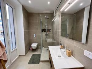 uma casa de banho com um chuveiro, um lavatório e um WC. em Le Riquier - Port de Nice em Nice