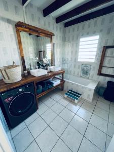 a bathroom with a washing machine and a tub at Villa Longani Passion pour des vacances bucoliques en famille in Petite Île