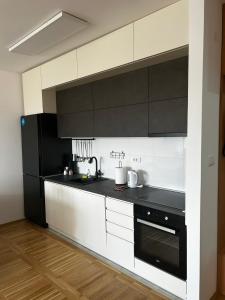 een keuken met witte kasten en zwarte apparaten bij No1Apartments in Požarevac