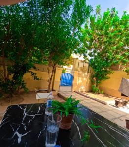 a table with a bottle of water and a plant on it at Extra Experiment in Aqaba