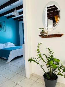 a bedroom with a mirror and a potted plant at Villa Longani Passion pour des vacances bucoliques en famille in Petite Île