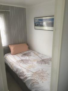 a small bedroom with a bed with a pink pillow at Tamaras Place in Leysdown-on-Sea