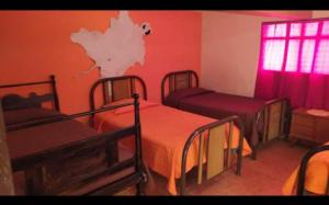 a room with four bunk beds and pink walls at Posada del Abuelo in Torotoro