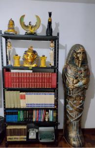 un estante de libros con una estatua de anubis en Hostel Maktub en São Paulo