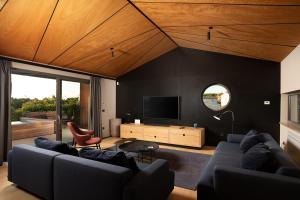 uma sala de estar com um sofá e uma televisão em Casa Arbor Blanco with a see view and heated infinity pool em Fažana