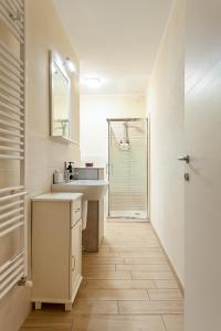 y baño blanco con lavabo y ducha. en Veruskacamere Camera 2 en Somma Lombardo