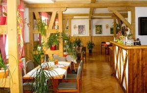 a restaurant with tables and plants in a room at Landhaus Sonnentau in Johanngeorgenstadt +57 photos