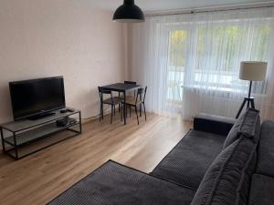 ein Wohnzimmer mit einem Sofa und einem Tisch mit einem TV in der Unterkunft Cozy Two Room Apartment near city centre in Alytus