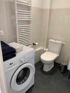 ein Badezimmer mit einer Waschmaschine und einem WC in der Unterkunft Le Chazottier in Brindas