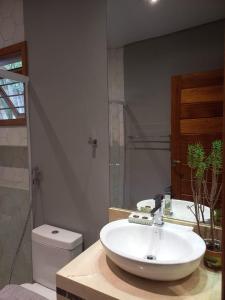 uma casa de banho com um lavatório e um WC em Casa Jabuticaba Refúgio e Hospedagem em São Miguel Arcanjo