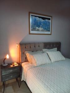 1 dormitorio con 1 cama con mesita de noche y una foto en Casa Jabuticaba Refúgio e Hospedagem en São Miguel Arcanjo