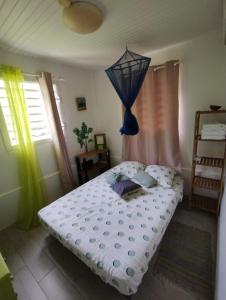 a bedroom with a bed with an umbrella on it at Ti-colibri ✓Iguana Village in Sainte-Luce