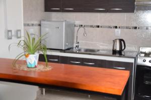 a kitchen with a sink and a wooden counter top at Tem Kotenkesh Depto Telenken x 2 pax in El Calafate