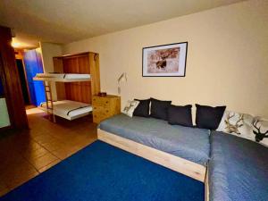 ein Schlafzimmer mit einem Bett und einem blauen Teppich in der Unterkunft Cervinia Studio in Breuil-Cervinia