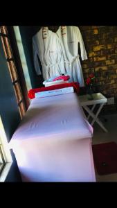 a bed with two pillows and clothes hanging on a wall at Pammy Guest House in Richards Bay