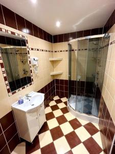 bagno con lavandino e doccia di plne vybavený 3 izbový apartmán a Stropkov