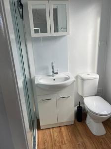 a white bathroom with a toilet and a sink at Sweet Cute blue tiny home with Pool and 2 minute drive to the beach in Wollongong