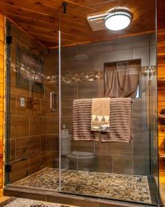 una ducha con puerta de cristal en un baño en The Lodge Large Cabin, 17 Acres, Playground, Forest Access, en Pinedale 56 fotos más