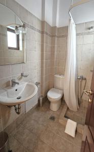 a bathroom with a sink and a toilet and a shower at Lithos Villas Kalavryta in Kalavrita