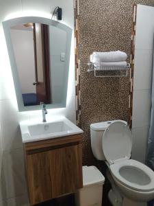 a bathroom with a sink and a toilet and a mirror at La Posada Norteña in Lambayeque