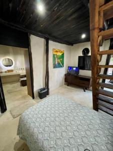 a bedroom with a bed and a television in it at Cabañas Casvar in Balcheil