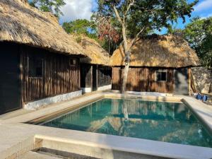 a swimming pool in front of two thatched huts at Cabañas Casvar in Balcheil