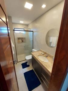 a bathroom with a sink and a toilet and a mirror at Apartamento sonhos da serra bananeiras in Bananeiras