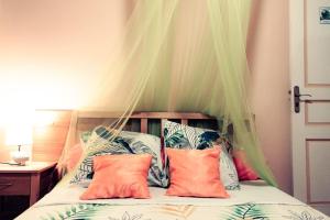 a bed with a mosquito net over it with pillows at Villa T3 - Bleu Mer Caraïbes in Case-Pilote