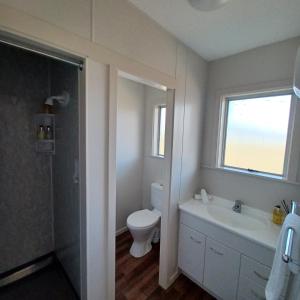 a bathroom with a toilet and a sink and a window at Flaxbourne Motels in Ward